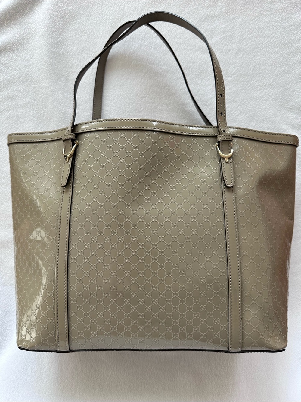 Gucci Patent Monogram Tote in Taupe